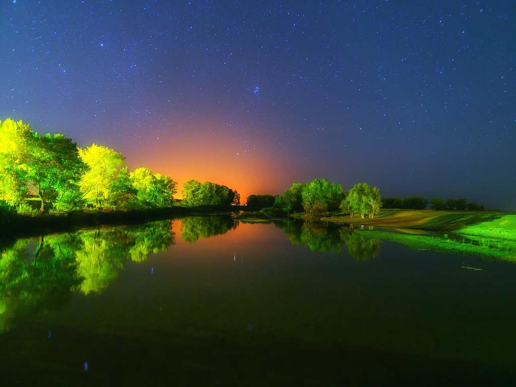 Обои деревья, река, природа, закат, отражение, звезды, тишина, trees, river, nature, sunset, reflection, stars, silence разрешение 2472x1698 Загрузить