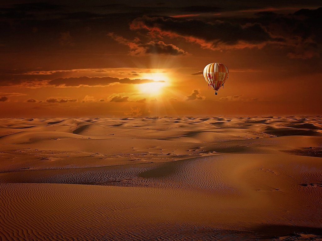 Обои пейзаж, песок, пустыня, воздушный шар, солнечные лучи, landscape, sand, desert, balloon, the sun's rays разрешение 1920x1200 Загрузить