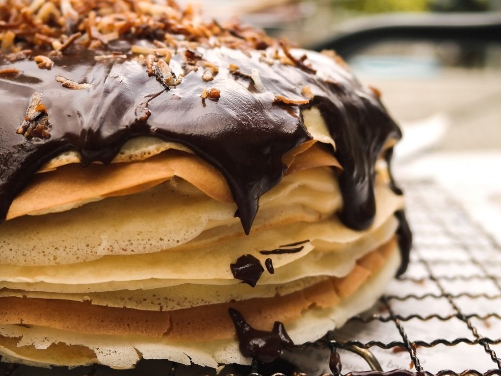 Обои шоколад, блинчики, блины, блинный торт, chocolate, pancakes, pancake cake разрешение 1920x1080 Загрузить