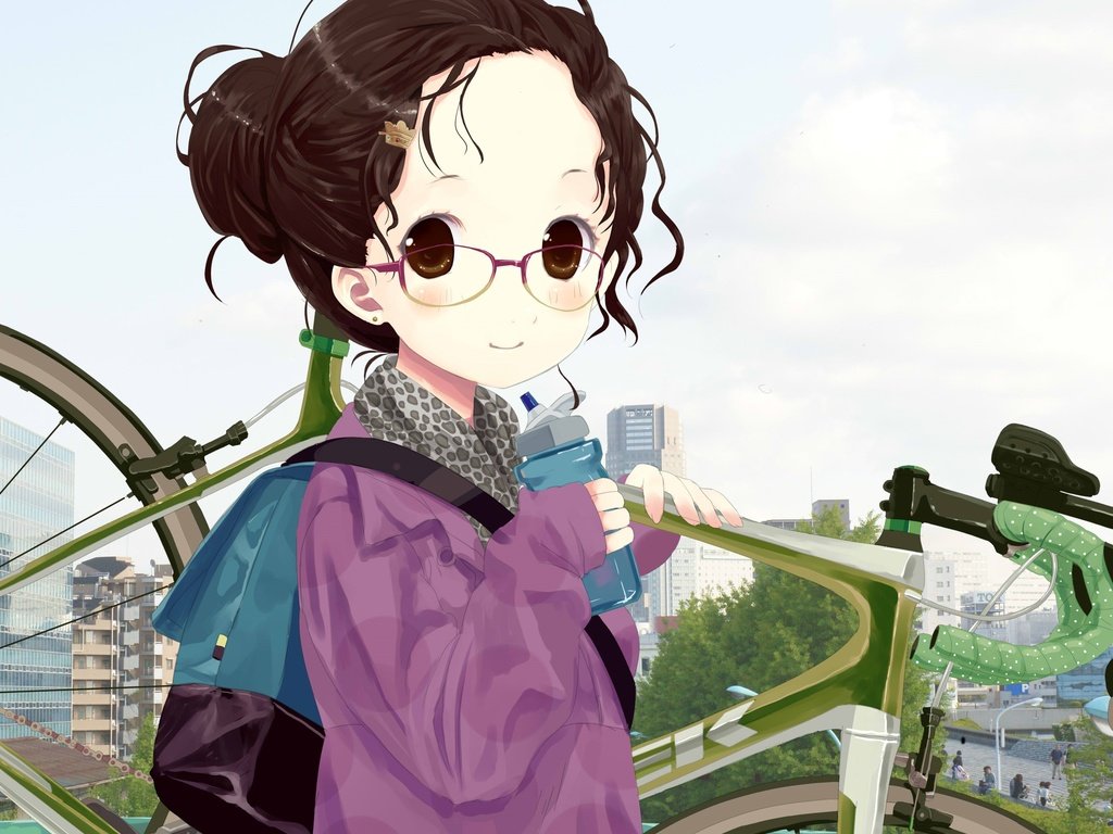 Обои девушка, очки, аниме, волосы, велосипед, girl, glasses, anime, hair, bike разрешение 2936x2432 Загрузить