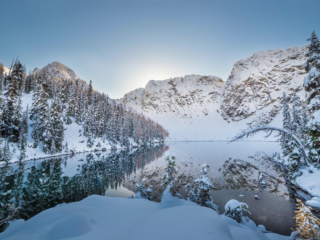 Обои озеро, горы, снег, природа, зима, отражение,     деревья, lake, mountains, snow, nature, winter, reflection, trees разрешение 5472x3648 Загрузить