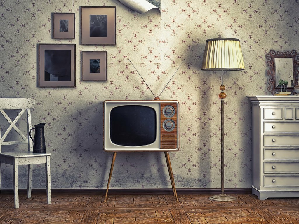 Обои стиль, интерьер, телевизор, ретро, лампа, тумбочка, style, interior, tv, retro, lamp, table разрешение 1920x1200 Загрузить