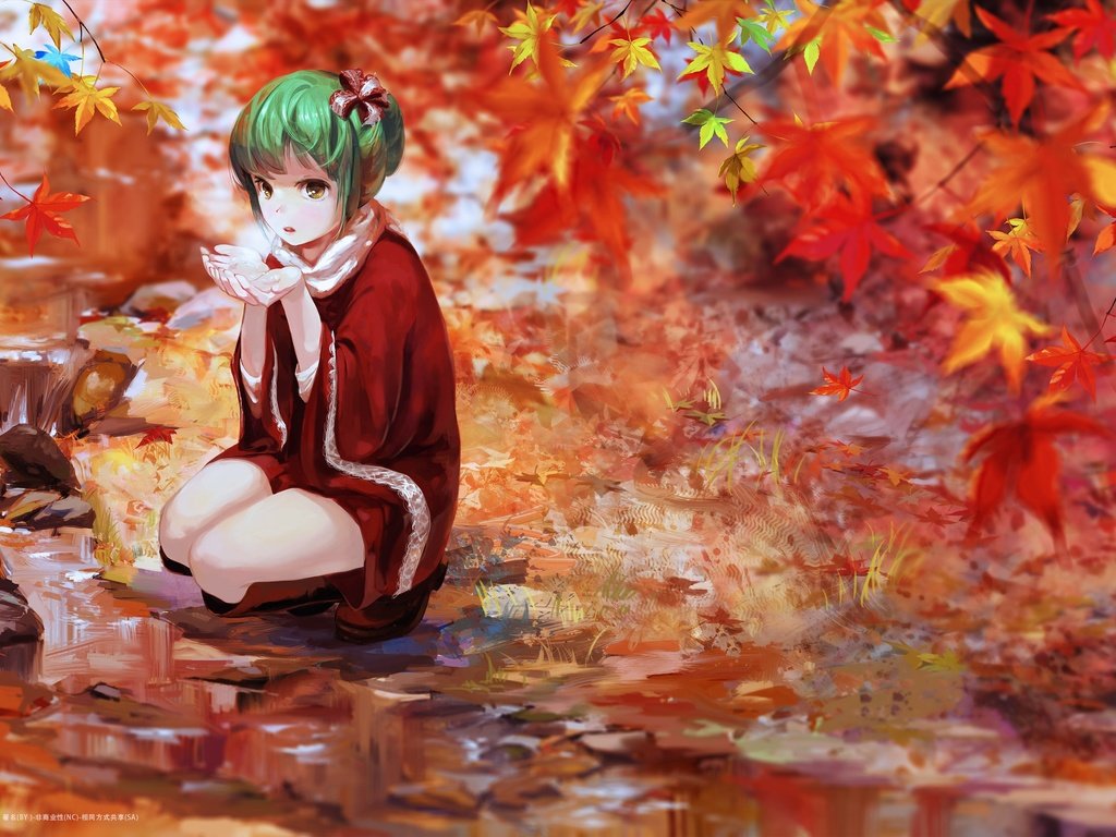 Обои листья, осень, kagiyama hina, зеленые волосы, тохо, leaves, autumn, green hair, touhou разрешение 3600x1800 Загрузить