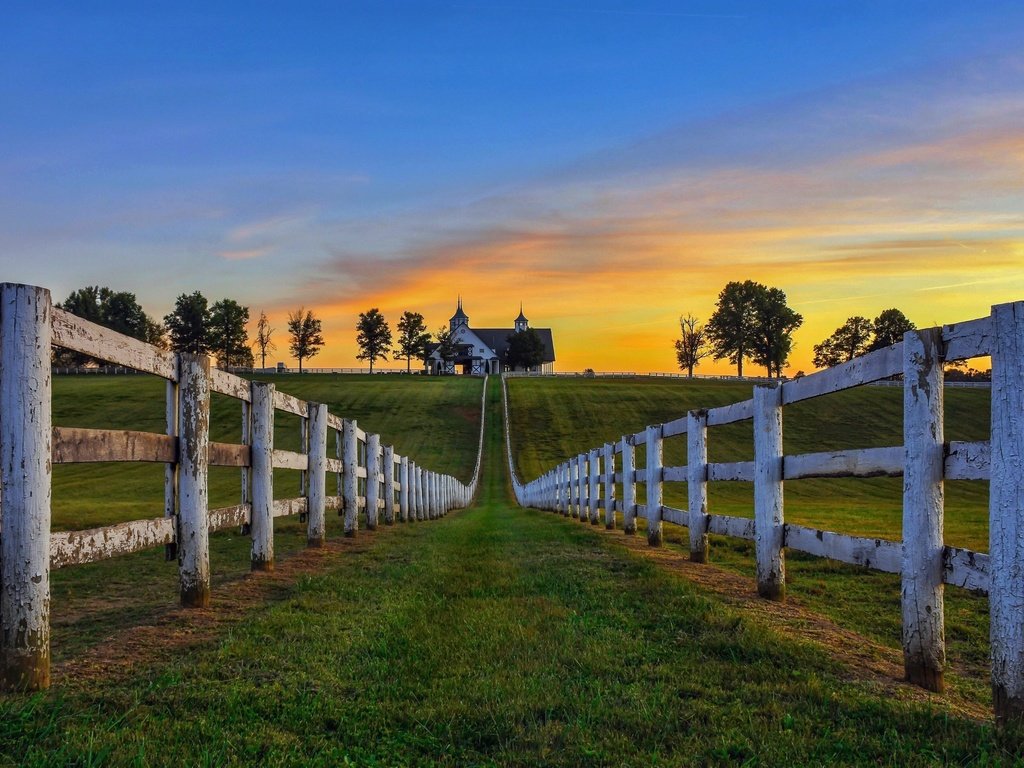 Обои небо, трава, деревья, утро, поле, забор, дом, the sky, grass, trees, morning, field, the fence, house разрешение 2560x1600 Загрузить