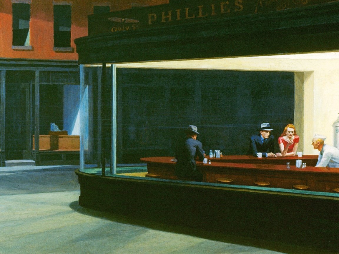 Обои рисунок, кафе, полуночники, эдвард хоппер, nighthawks, figure, cafe, night owls, edward hopper разрешение 2560x1600 Загрузить