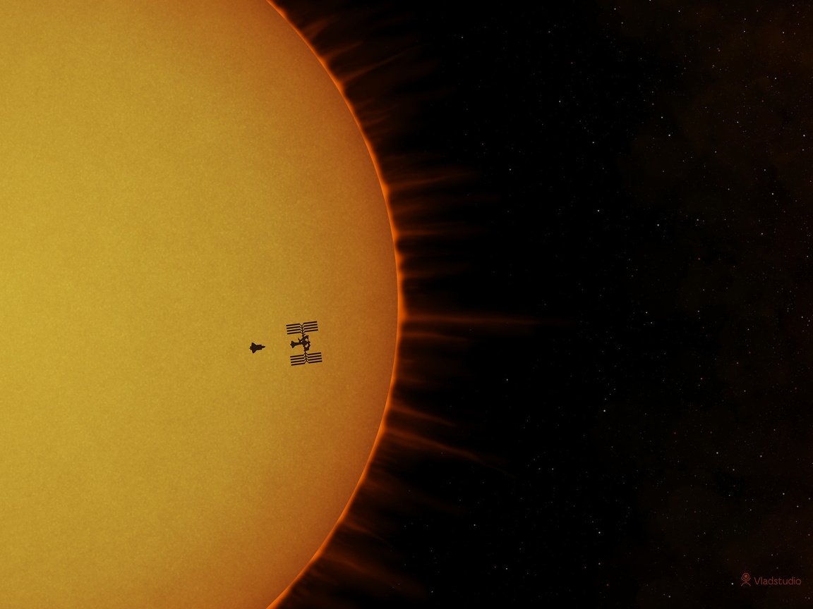 Обои солнце, мкс, космическая станция, атлантис, the sun, iss, space station, atlantis разрешение 1920x1440 Загрузить