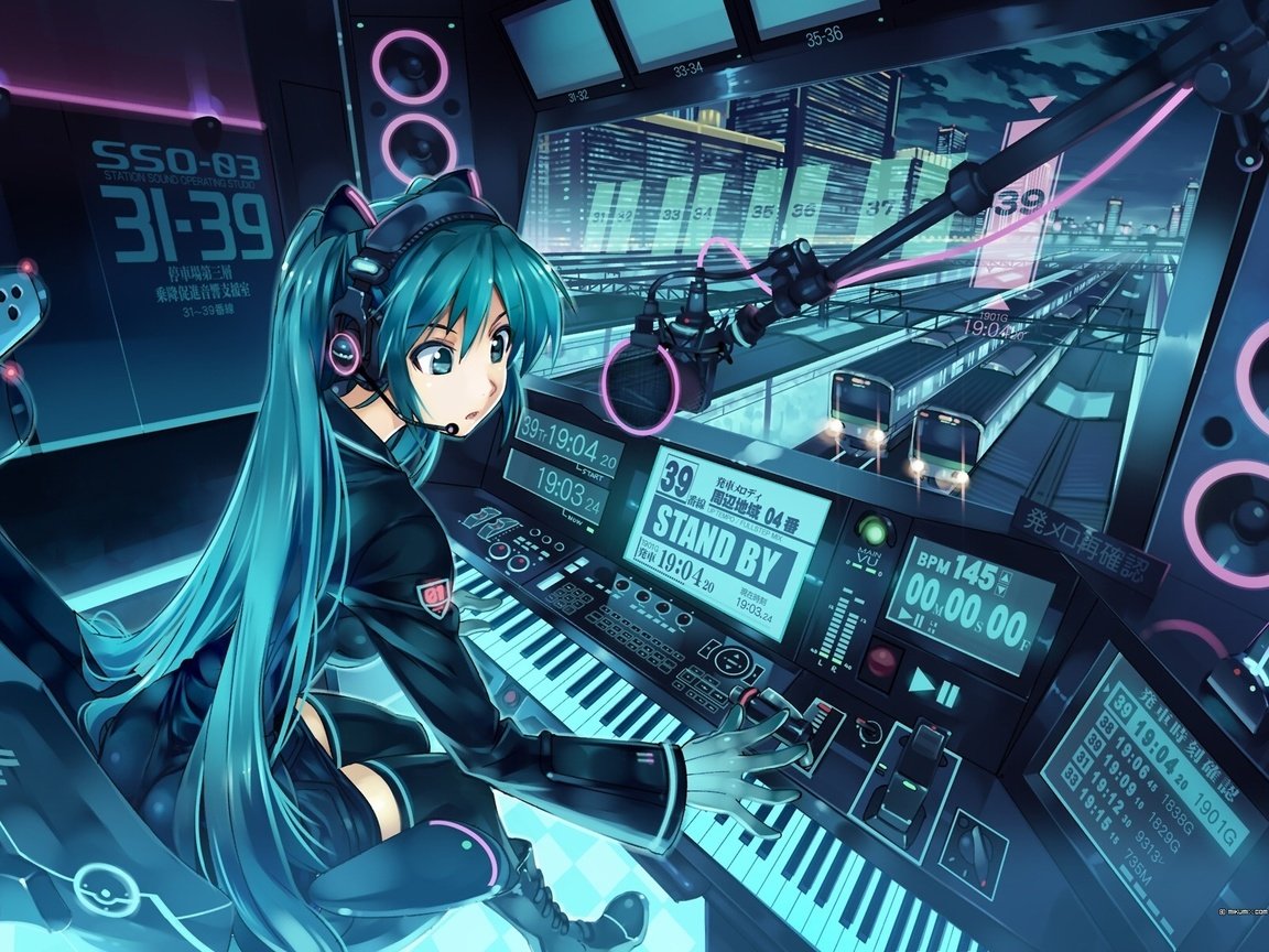 Обои поезда, вокалоид, вокзал, мику хацунэ, trains, vocaloid, station, hatsune miku разрешение 1920x1200 Загрузить