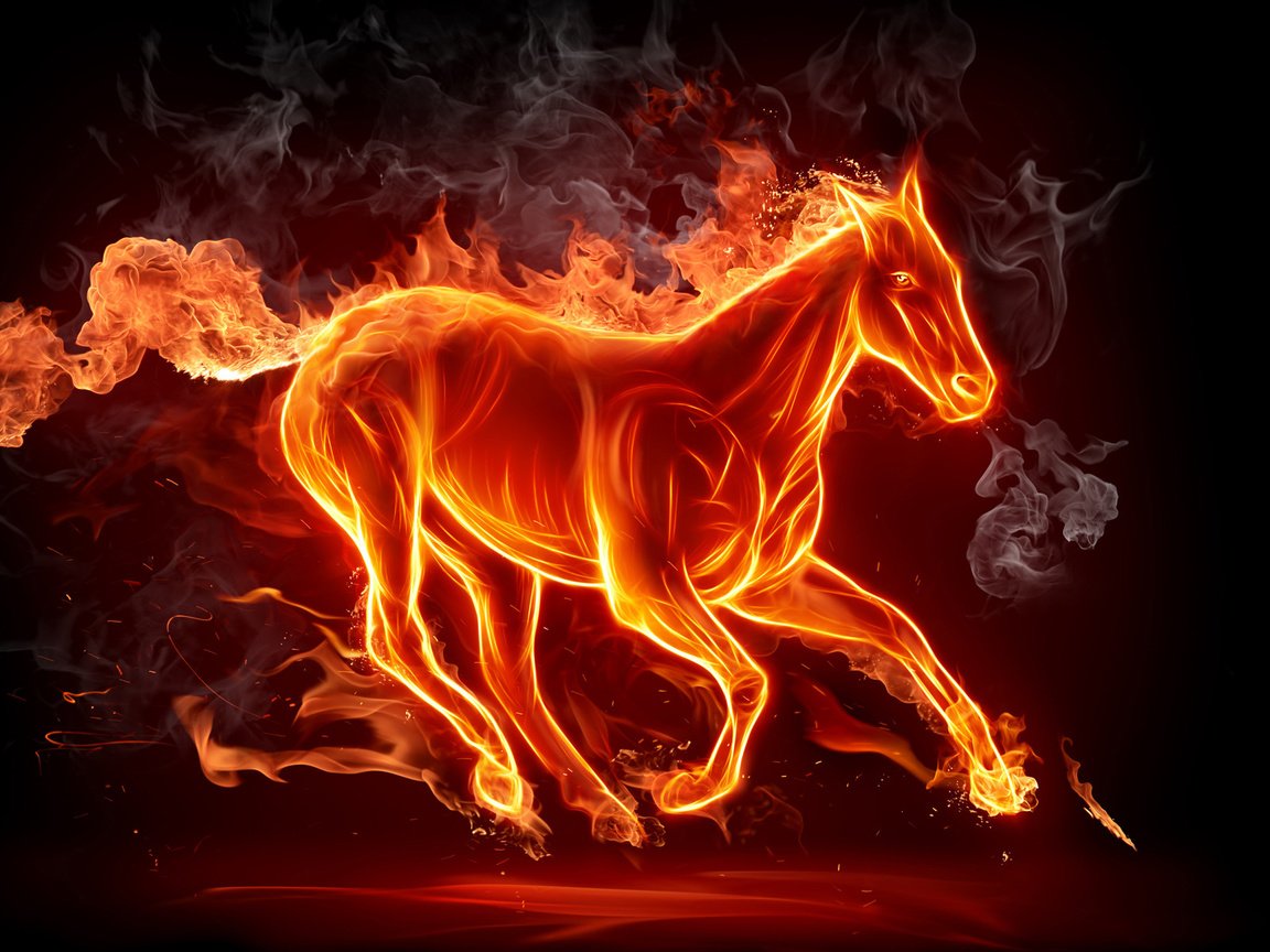 Обои лошадь, пламя, огонь, дым, силуэт, конь, horse, flame, fire, smoke, silhouette разрешение 1920x1200 Загрузить