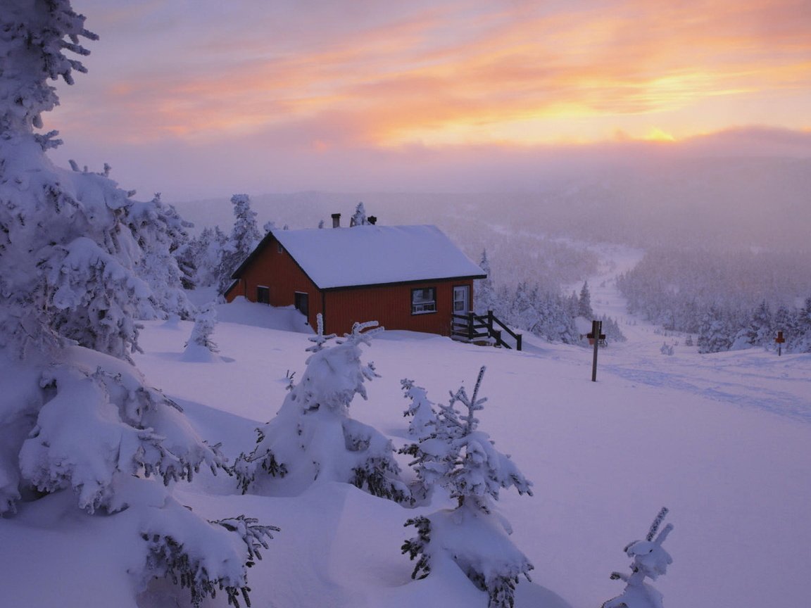 Обои небо, снег, природа, закат, зима, пейзаж, дом, the sky, snow, nature, sunset, winter, landscape, house разрешение 1920x1080 Загрузить