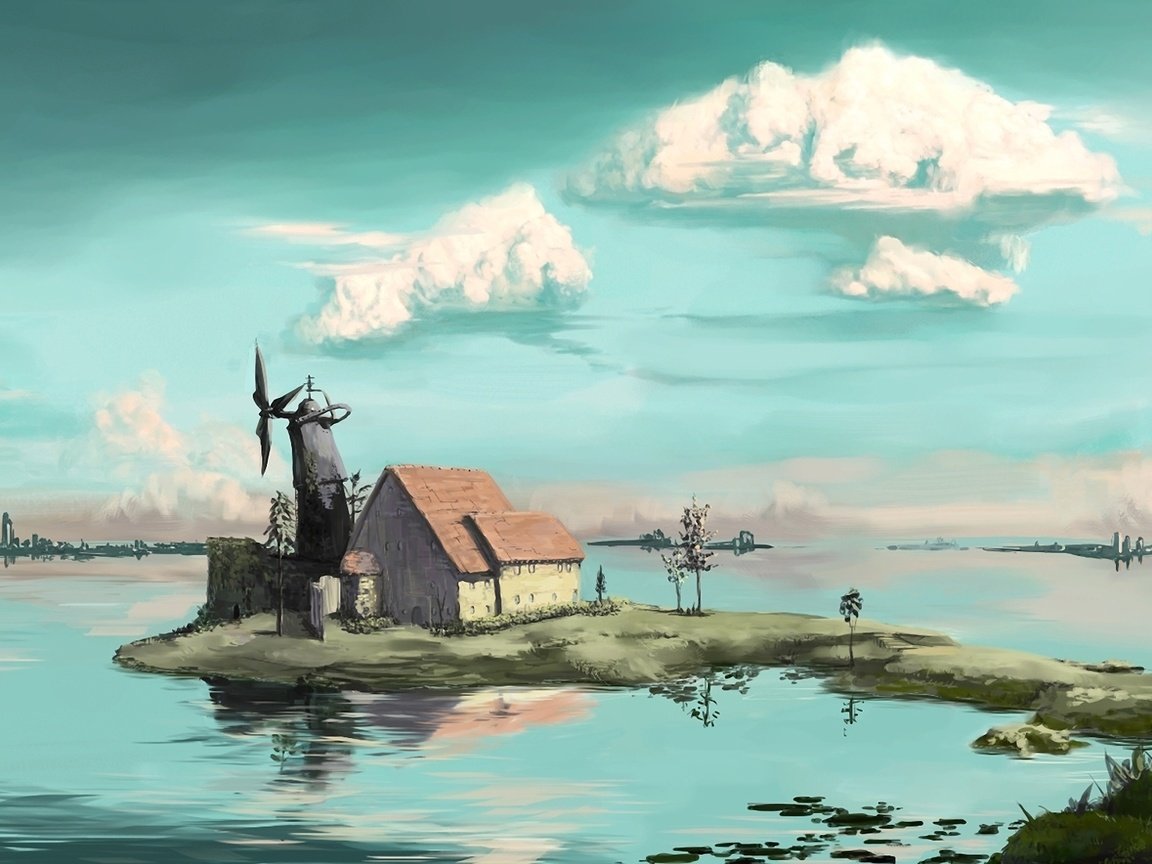 Обои арт, облака, озеро, пейзаж, мельница, дом, art, clouds, lake, landscape, mill, house разрешение 1920x1105 Загрузить