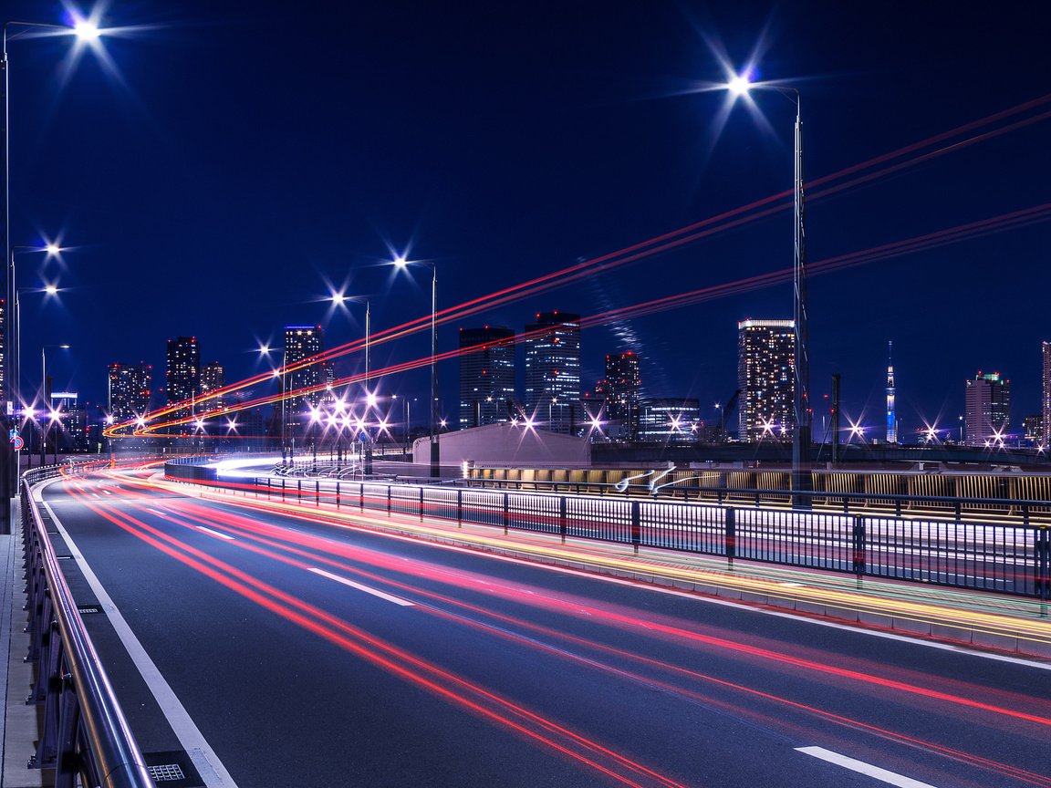 Обои свет, ночь, огни, мост, город, япония, выдержка, токио, light, night, lights, bridge, the city, japan, excerpt, tokyo разрешение 2048x1356 Загрузить