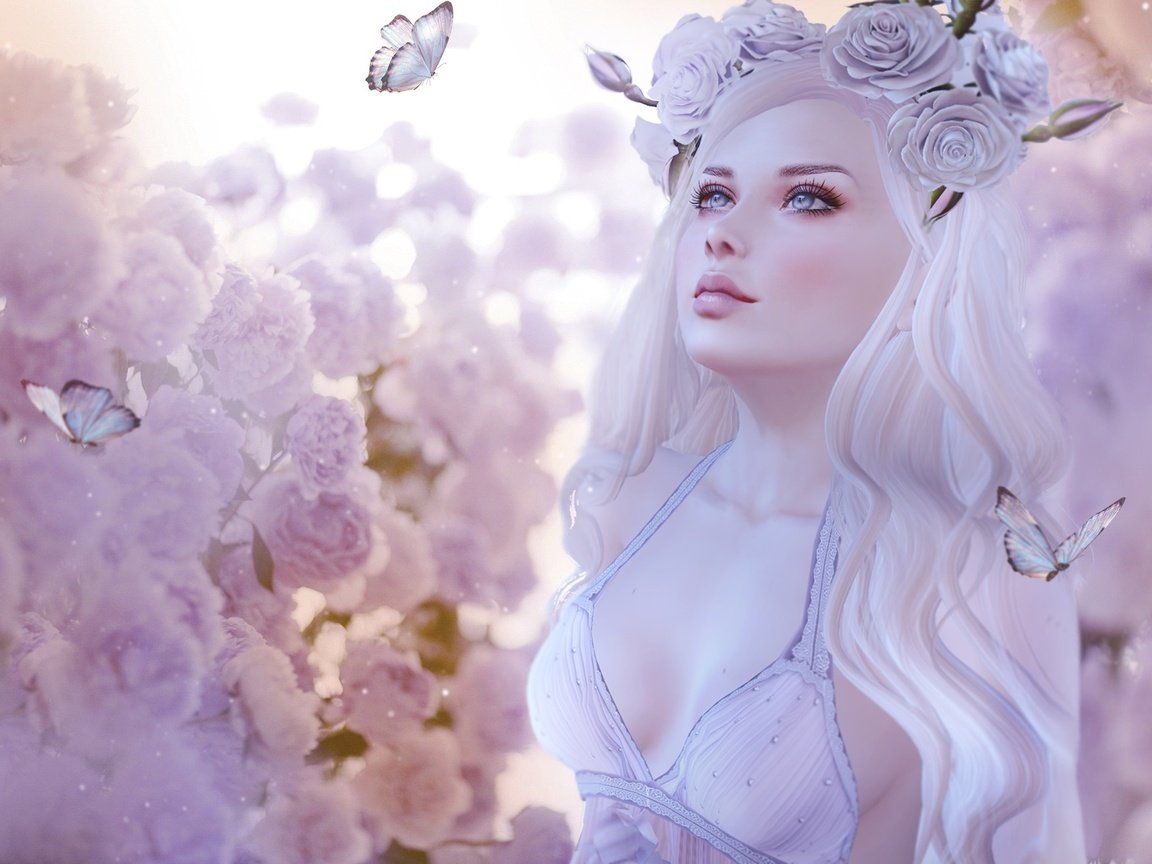 Обои девушка, розы, романтика, розовый, бабочки, венок, girl, roses, romance, pink, butterfly, wreath разрешение 2000x1334 Загрузить