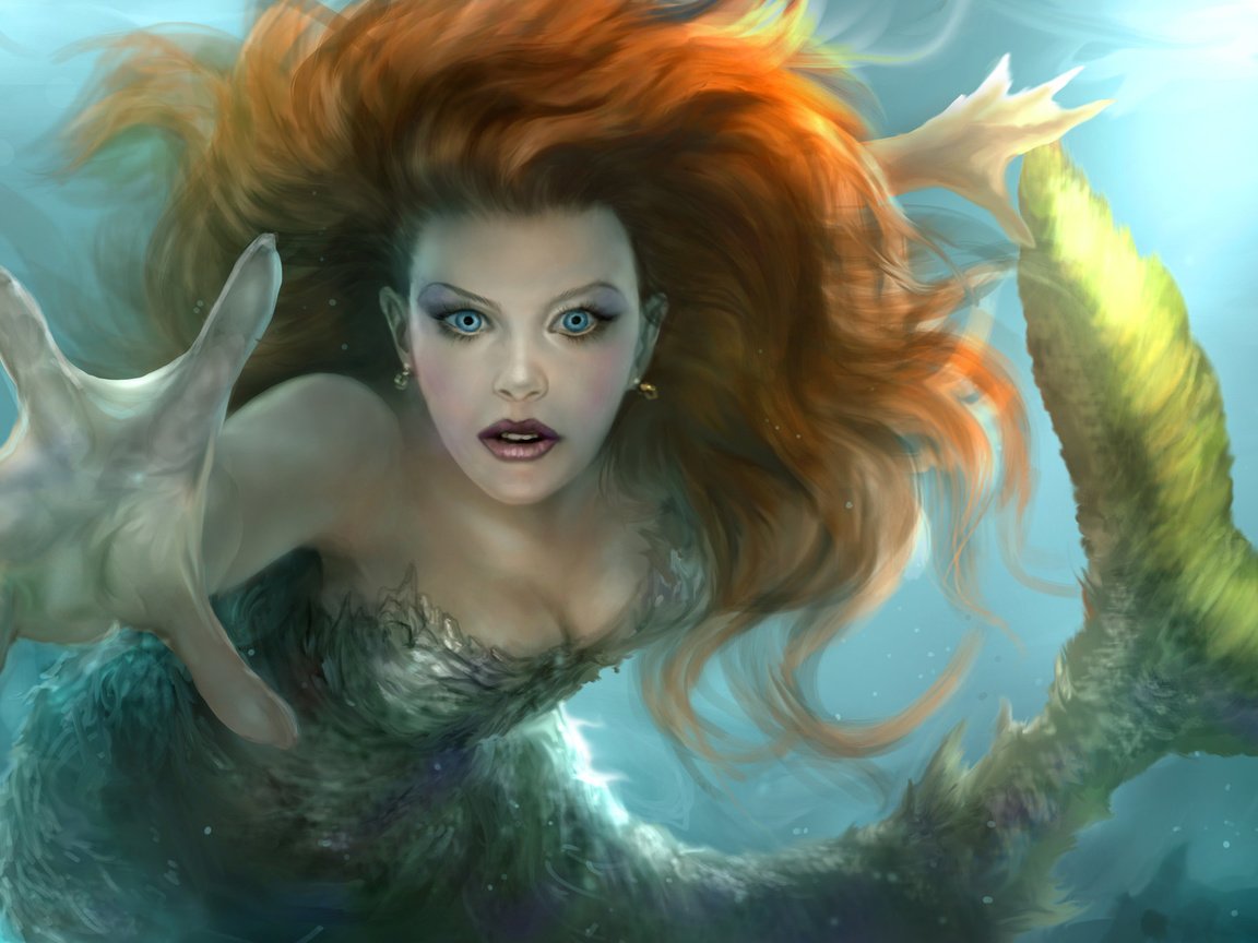 Обои арт, вода, рука, взгляд, волосы, хвост, русалка, плавник, art, water, hand, look, hair, tail, mermaid, fin разрешение 1920x1096 Загрузить