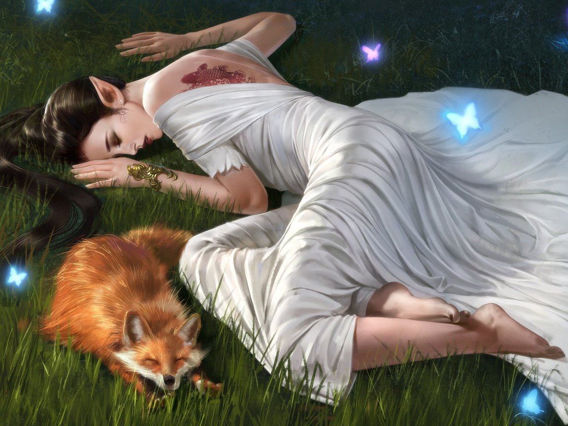 Обои девушка, фантастика, сон, лисица, бабочки, эльф, girl, fiction, sleep, fox, butterfly, elf разрешение 1920x1200 Загрузить