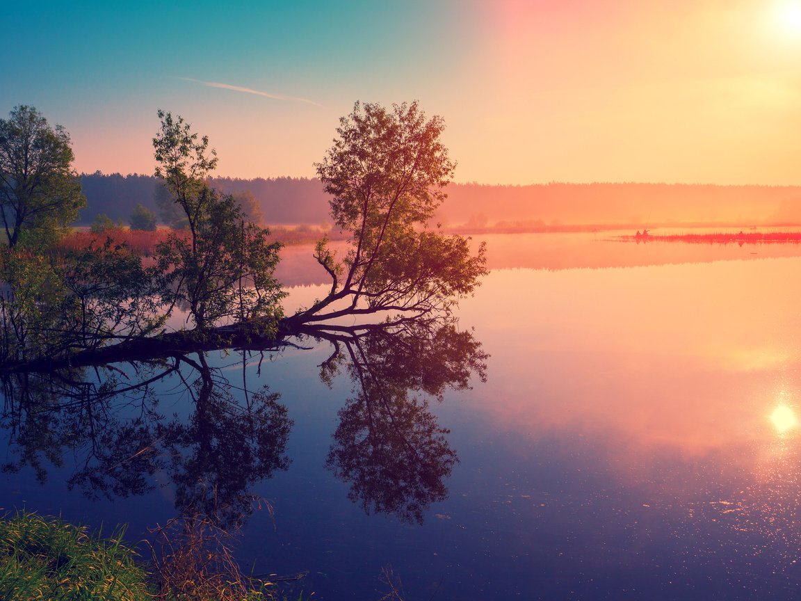 Обои небо, деревья, озеро, восход, отражение, пейзаж, утро, the sky, trees, lake, sunrise, reflection, landscape, morning разрешение 4000x2667 Загрузить