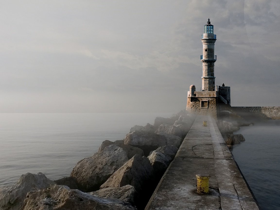 Обои камни, море, туман, маяк, гавань, маяк порт-вашингтон, волнолом, stones, sea, fog, lighthouse, harbour, lighthouse port washington, breakwater разрешение 3202x1792 Загрузить