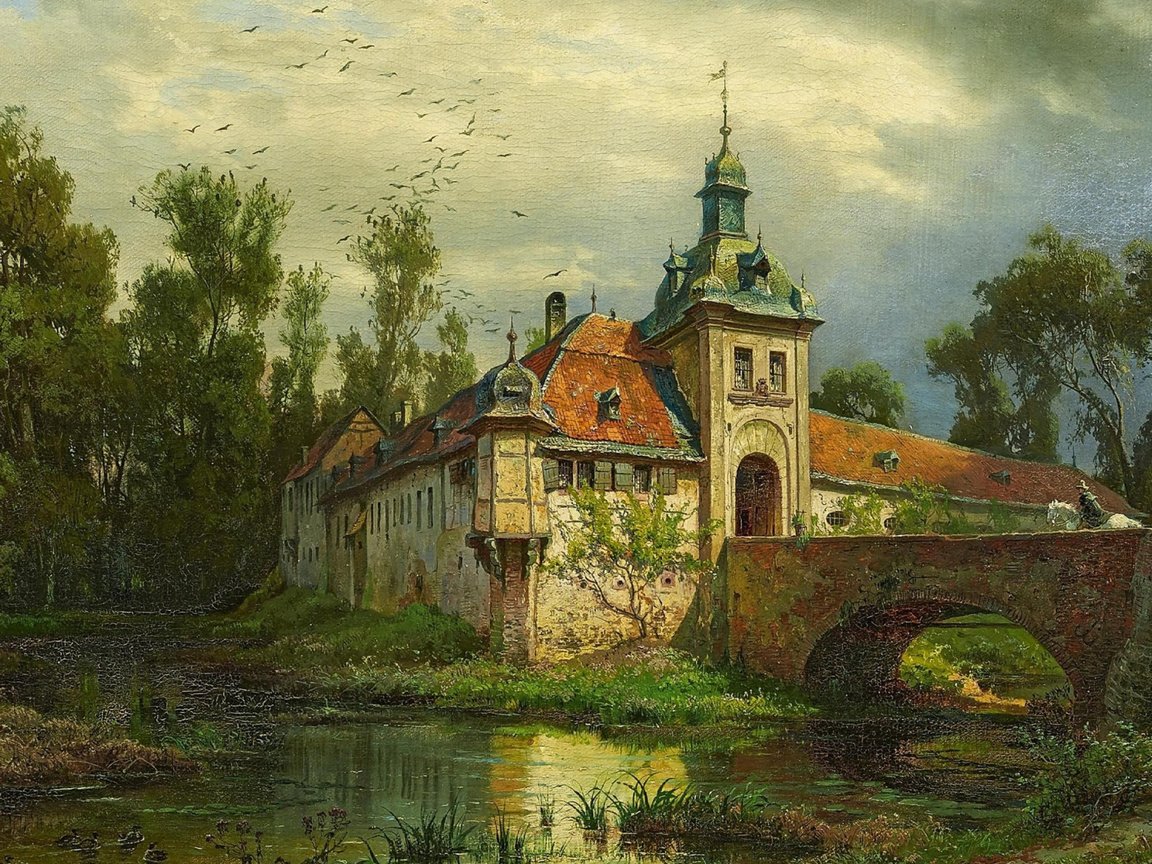 Обои немецкий живописец, german landscape painter, oil on canvas, 1871, август левин фон вилле, wasserschloss mit heimkehrendem reiter, август фон вилле, august von wille, the return on horseback, замок с рвом и возвращающимся, german painter, one thousand eight hundred seventy one, august levin von villa, august von villa, castle with a moat and returning разрешение 2112x1188 Загрузить