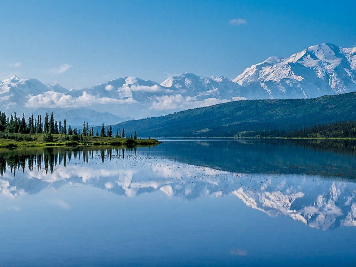 Обои озеро, горы, отражение, аляска, национальный парк денали, lake, mountains, reflection, alaska, denali national park разрешение 2227x1080 Загрузить