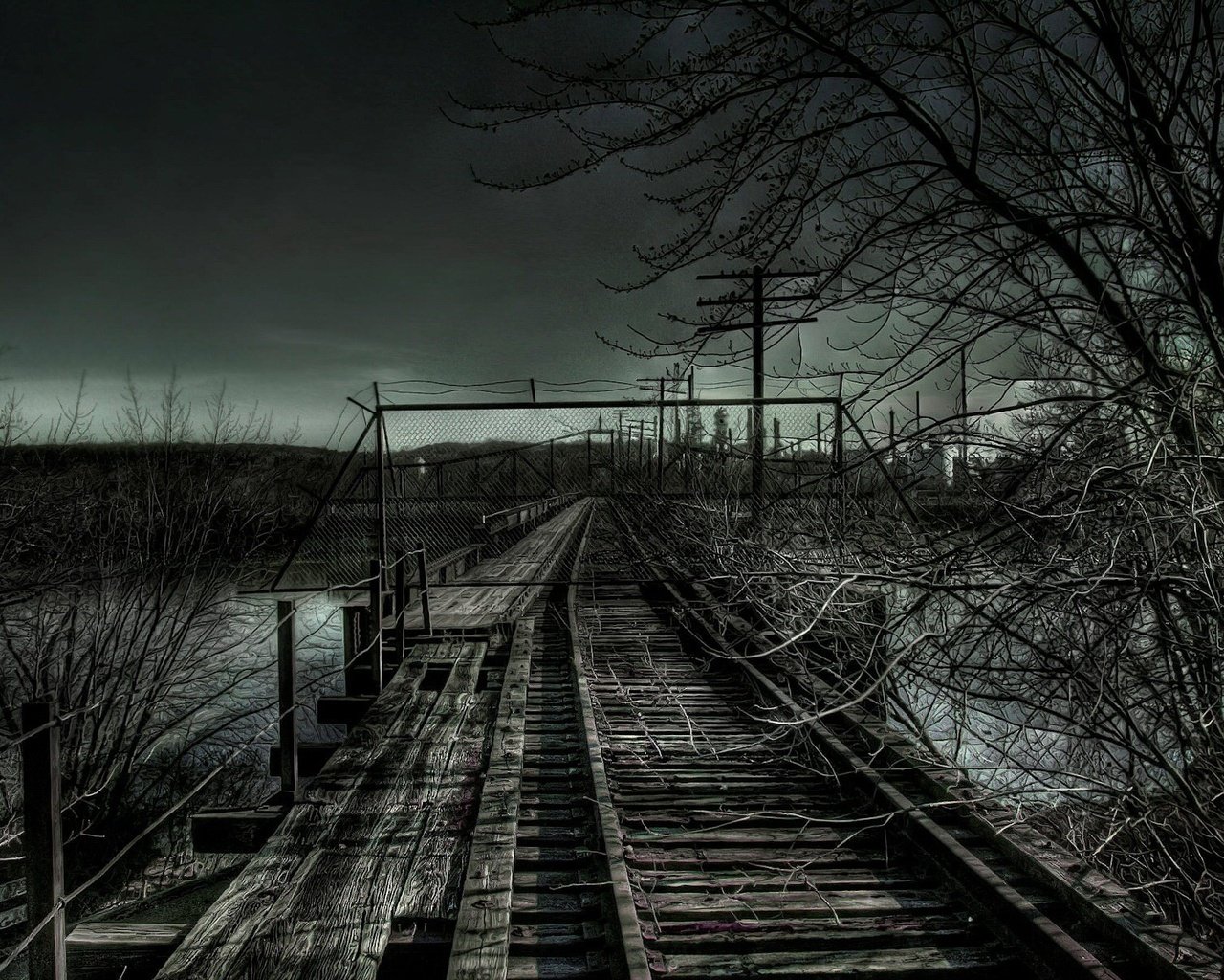 Обои дорога, мрак, ветки, железная, road, the darkness, branches, iron разрешение 1920x1200 Загрузить