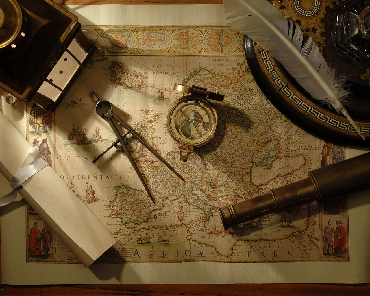 Обои карта, компас, подзорная труба, перо, map, compass, spyglass, pen разрешение 4000x2679 Загрузить