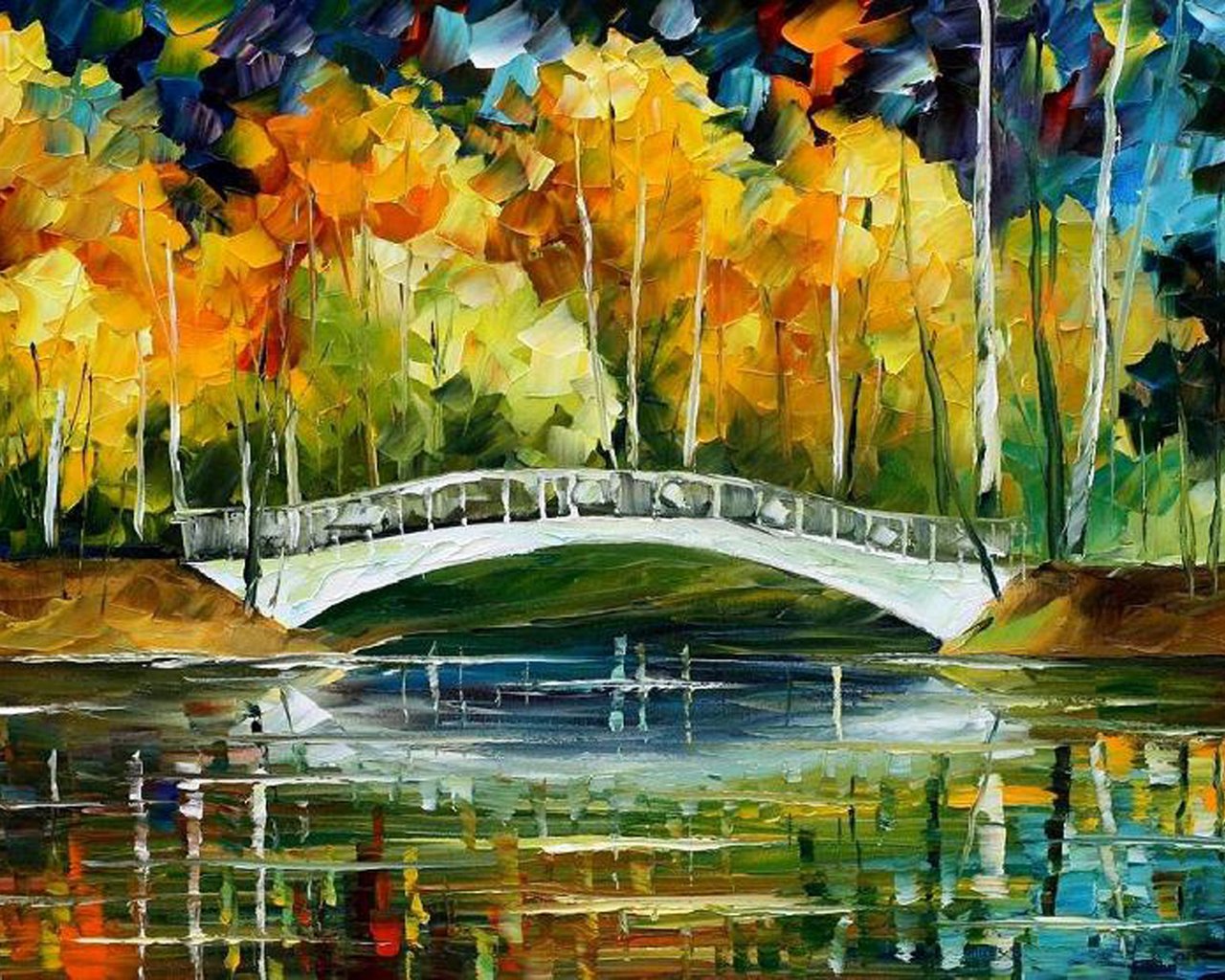 Обои мост, осень, white bride new oil, картина маслом, bridge, autumn, oil painting разрешение 2200x1200 Загрузить