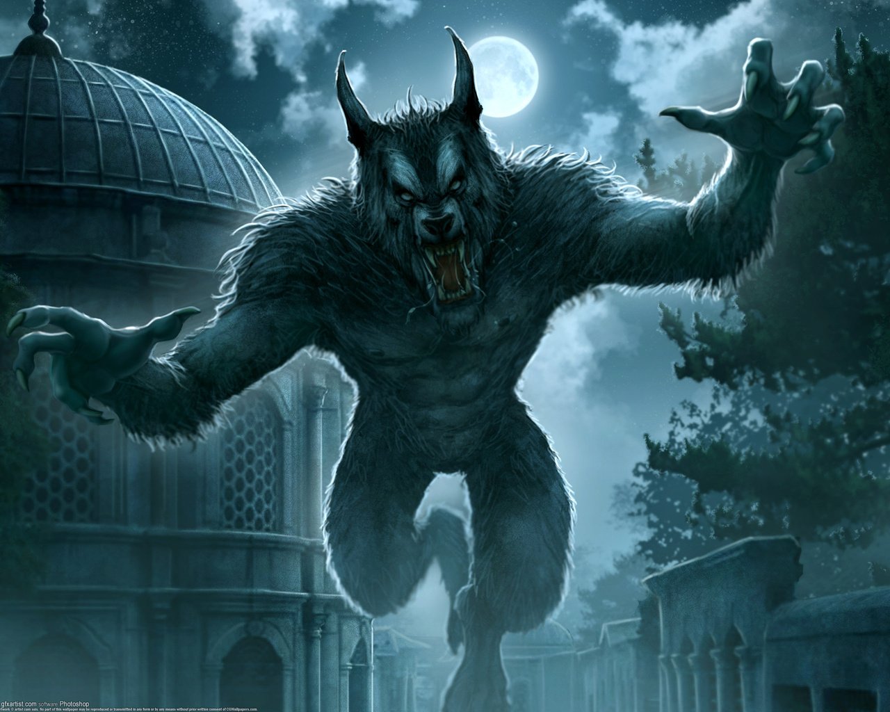 Обои ночь, фентези, город, kerem beyit, оборотень, полнолуние, - kos ule, night, fantasy, the city, werewolf, the full moon, kos ule разрешение 2560x1600 Загрузить