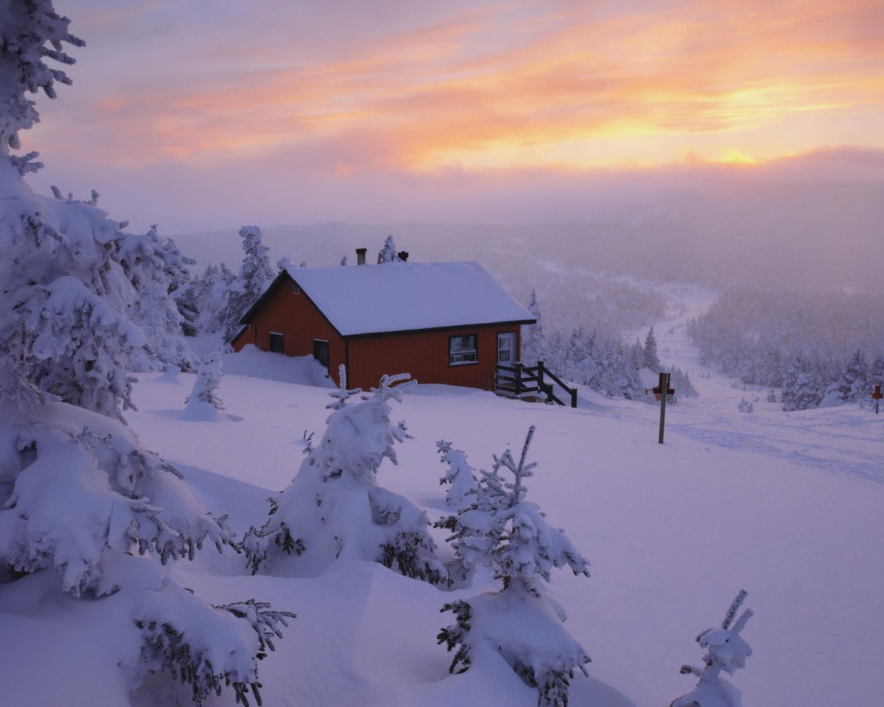 Обои небо, снег, природа, закат, зима, пейзаж, дом, the sky, snow, nature, sunset, winter, landscape, house разрешение 1920x1080 Загрузить