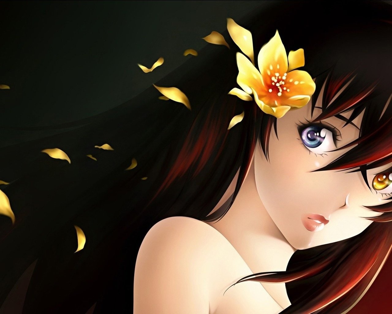 Обои девушка, цветок, портрет, взгляд, аниме, волосы, лицо, girl, flower, portrait, look, anime, hair, face разрешение 1920x1080 Загрузить