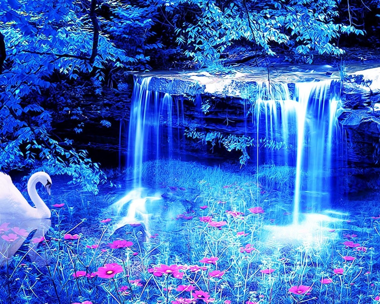 Обои цветы, водопад, лебедь, 3д, flowers, waterfall, swan, 3d разрешение 1920x1200 Загрузить