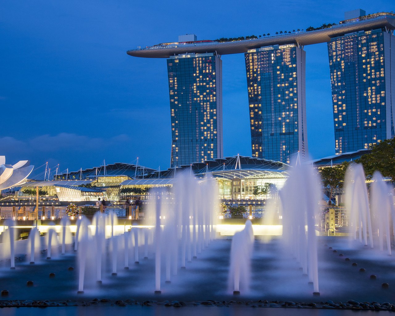 Обои огни, архитектура, голубая, фонтаны, неба, высотки, сингапур, gardens by the bay, ноч, night, lights, architecture, blue, fountains, sky, skyscrapers, singapore разрешение 1920x1080 Загрузить