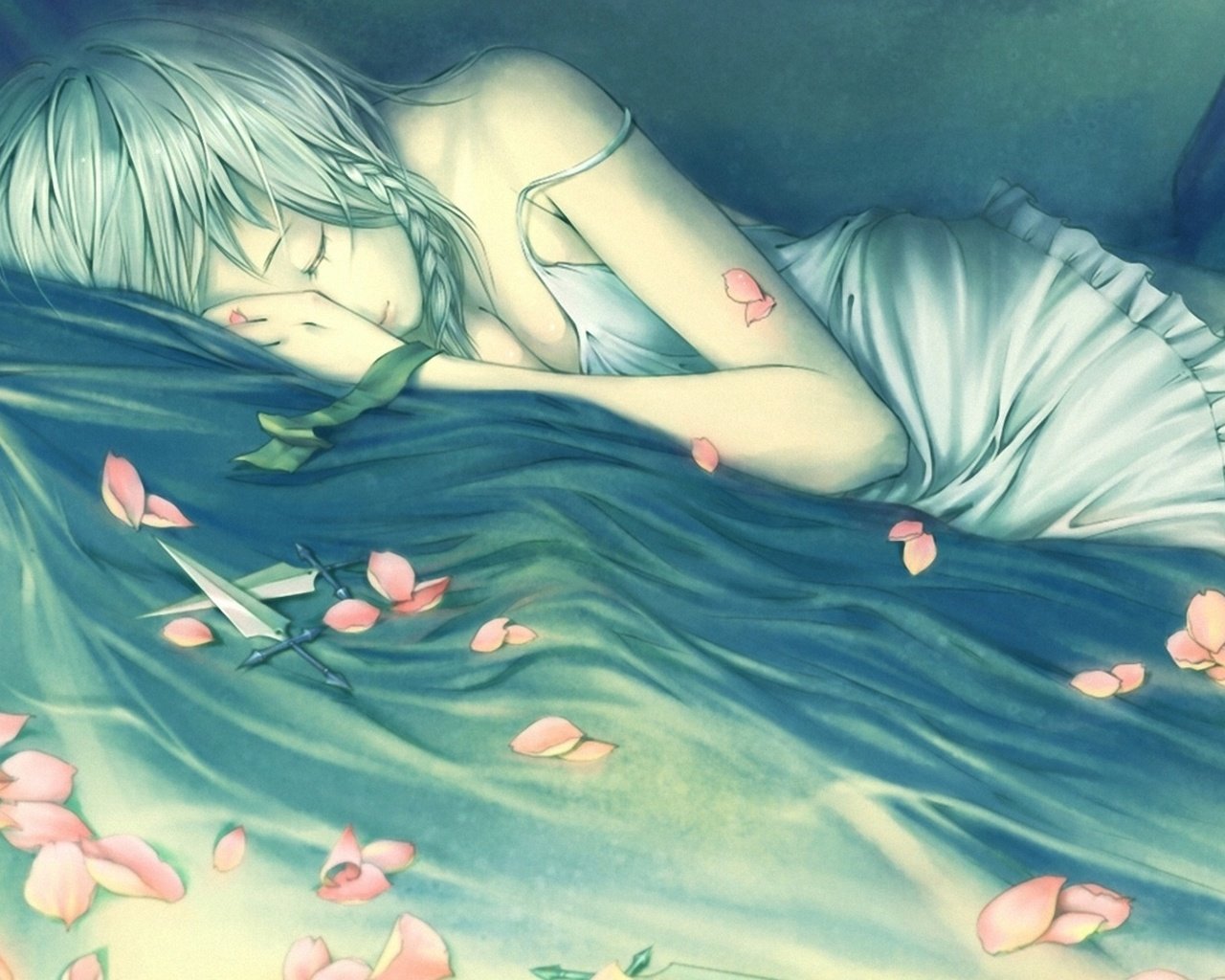 Обои рисунок, девушка, лепестки, спит, нож, постель, лежа, косички, figure, girl, petals, sleeping, knife, bed, lying, braids разрешение 1920x1080 Загрузить