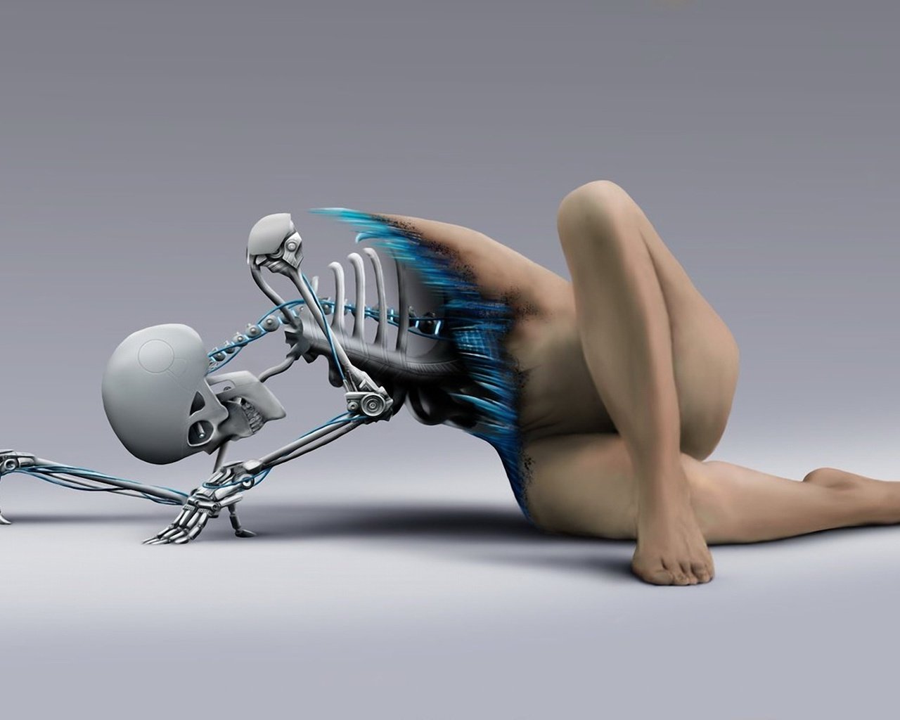 Обои девушка, ноги, череп, тело, киборг, скелет, грудная клетка, girl, feet, skull, body, cyborg, skeleton, chest разрешение 1920x1200 Загрузить