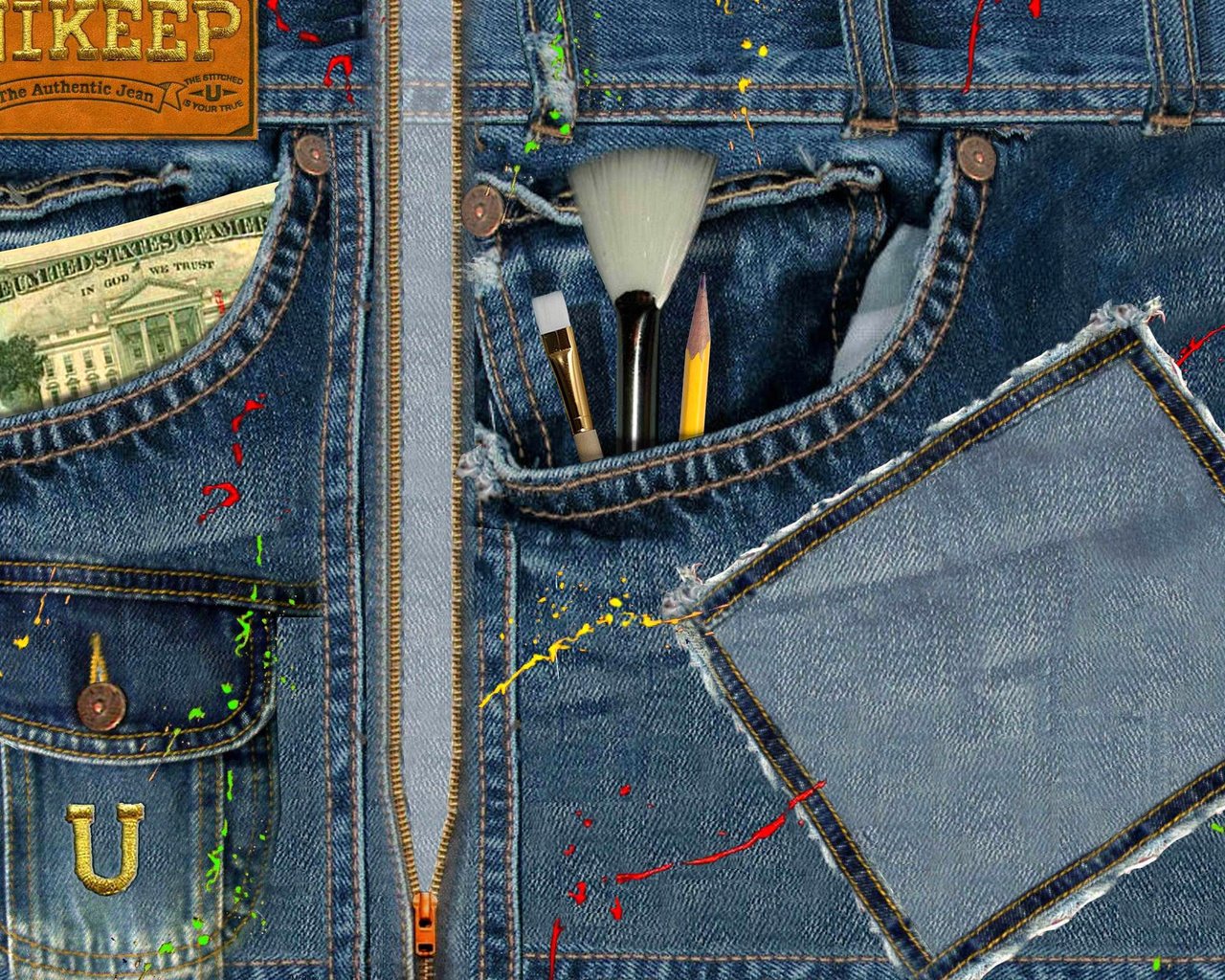 Обои текстуры, джинсы, доллар, карандаш, кисточка, texture, jeans, dollar, pencil, brush разрешение 2560x1600 Загрузить