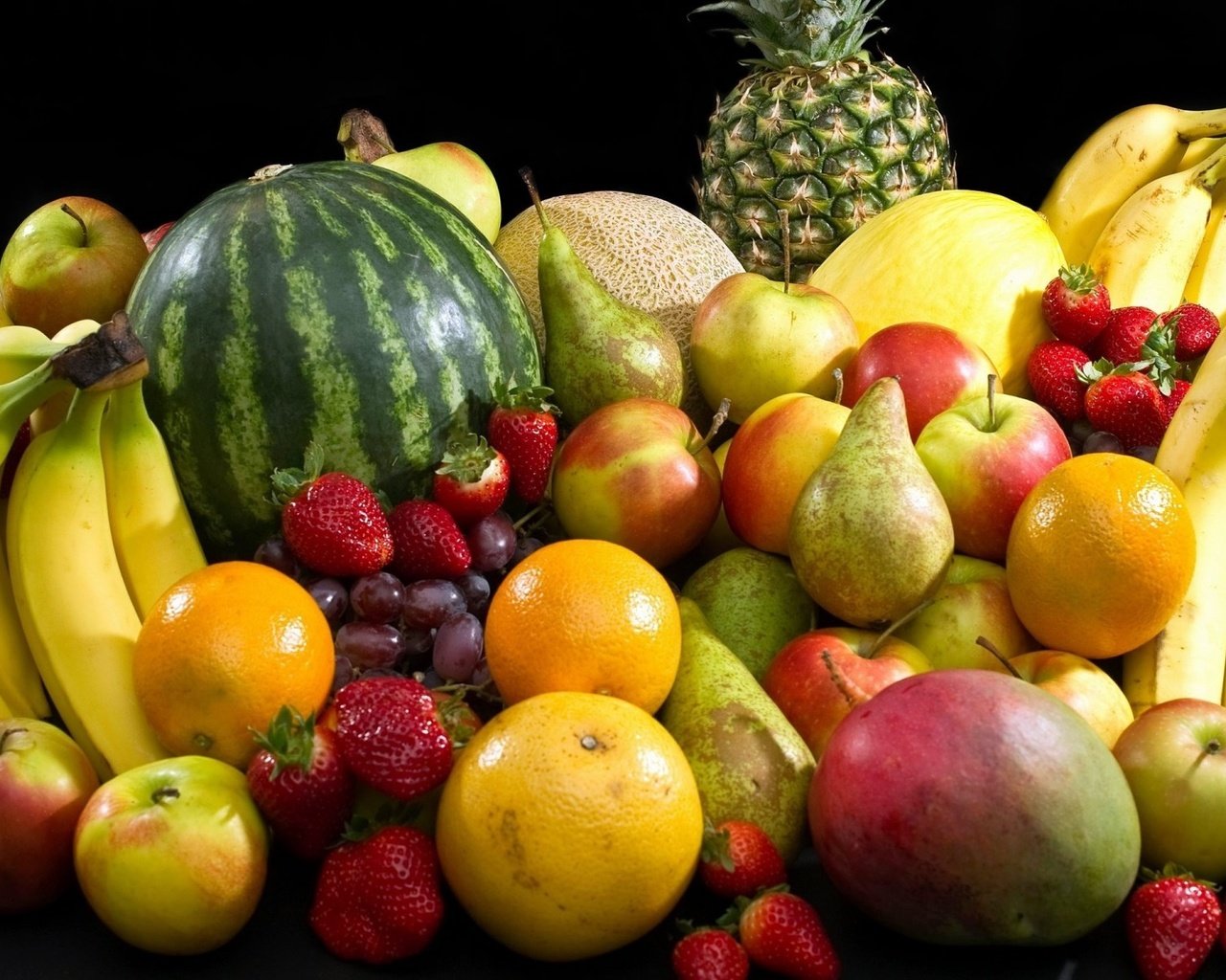 Обои ананас, виноград, груши, фрукты, дыня, яблоки, апельсины, манго, клубника, арбуз, ягоды, бананы, pineapple, grapes, pear, fruit, melon, apples, oranges, mango, strawberry, watermelon, berries, bananas разрешение 1920x1200 Загрузить