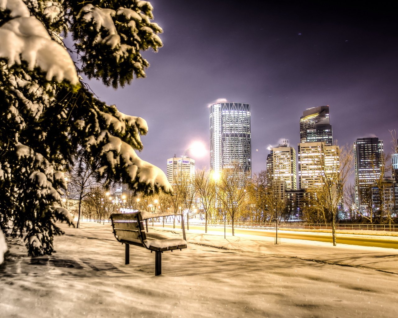 Обои ночь, город, скамья, канада, калгари, night, the city, bench, canada, calgary разрешение 2560x1600 Загрузить