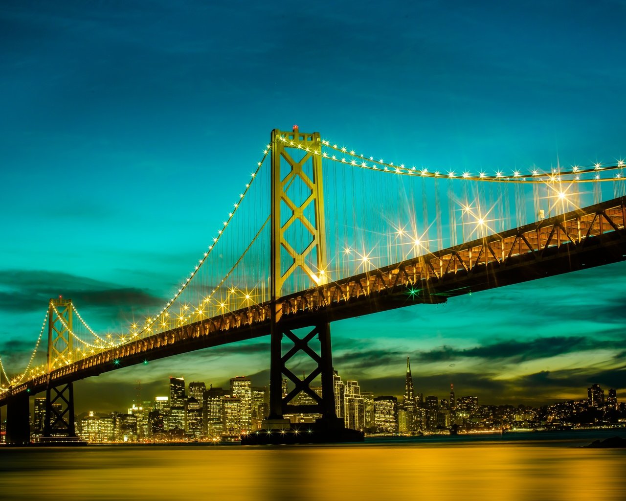 Обои небо, огни, вечер, сша, сан-франциско, калифорния, bay bridge, бэй бридж, the sky, lights, the evening, usa, san francisco, ca разрешение 5760x3840 Загрузить