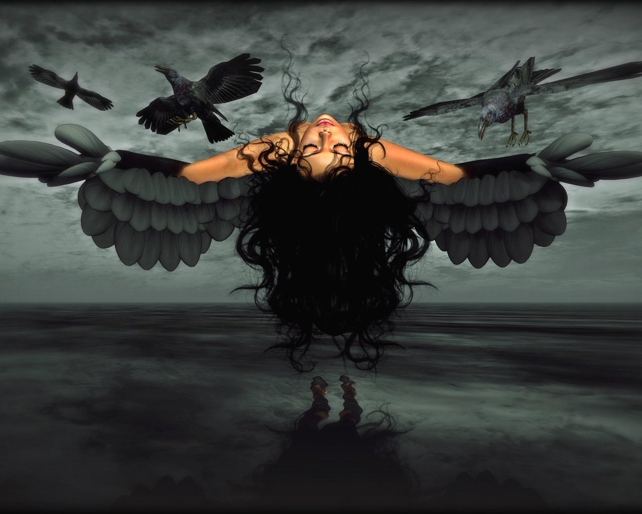 Обои девушка, крылья, вороны, girl, wings, crows разрешение 2048x1229 Загрузить