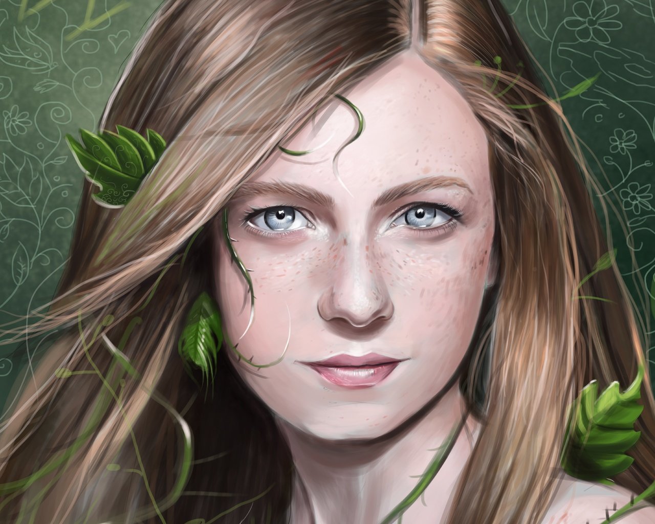 Обои арт, листья, девушка, взгляд, растение, веснушки, art, leaves, girl, look, plant, freckles разрешение 7135x5403 Загрузить