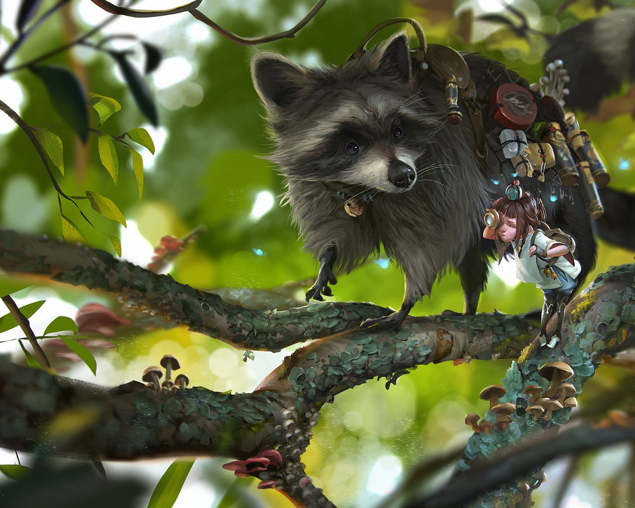 Обои ветки, девочка, енот, rudy siswanto, shipper, branches, girl, raccoon разрешение 1920x1122 Загрузить