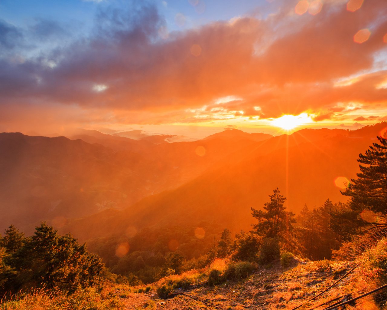 Обои деревья, горы, солнце, лес, лучи, рассвет, дымка, trees, mountains, the sun, forest, rays, dawn, haze разрешение 2048x1365 Загрузить