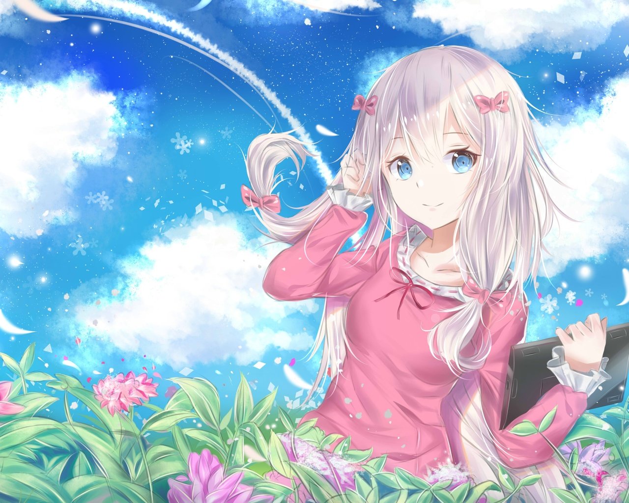 Обои цветы, девушка, фон, взгляд, аниме, сад, белые волосы, eromanga-sensei, sagiri, flowers, girl, background, look, anime, garden, white hair разрешение 4200x2700 Загрузить