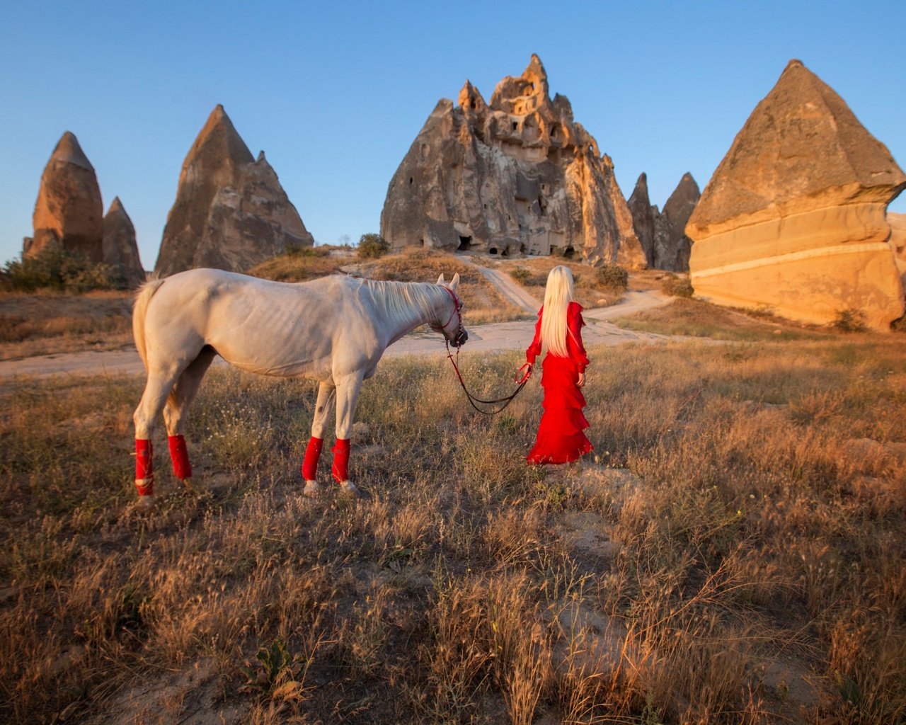Обои лошадь, скалы, девушка, настроение, блондинка, красное платье, horse, rocks, girl, mood, blonde, red dress разрешение 2048x1365 Загрузить