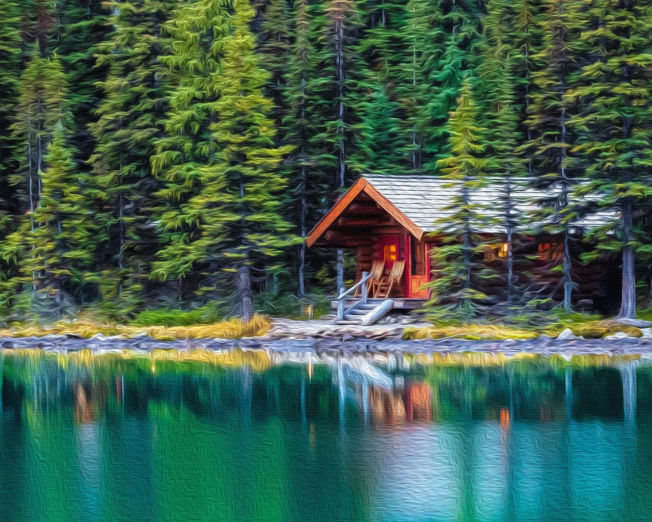 Обои деревья, озеро, лес, отражение, дом, хижина, trees, lake, forest, reflection, house, hut разрешение 3840x2160 Загрузить