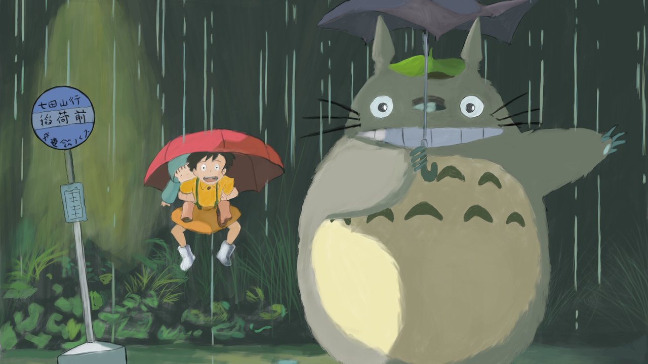 Обои дождь, тоторо, хаяо миядзаки, зонт, rain, totoro, hayao miyazaki, umbrella разрешение 3508x2480 Загрузить