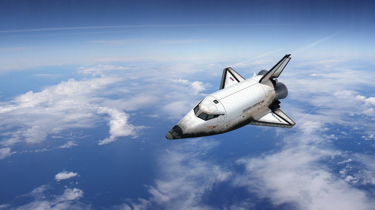 Обои облака, космос, самолет, полет, буран, clouds, space, the plane, flight, buran разрешение 2560x1600 Загрузить