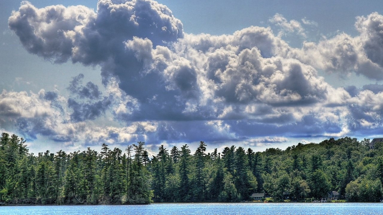 Обои небо, облака, река, природа, лес, домики, the sky, clouds, river, nature, forest, houses разрешение 1920x1200 Загрузить