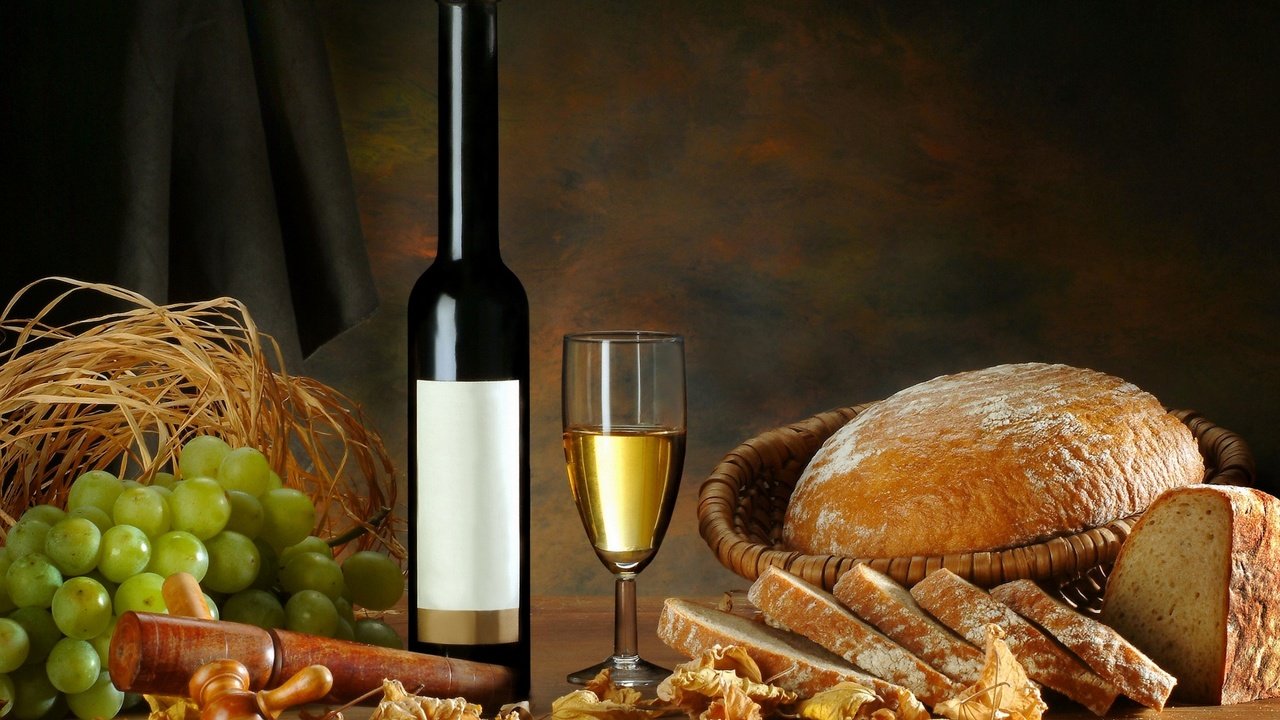 Обои листья, виноград, бокал, хлеб, вино, белое, бутылка, leaves, grapes, glass, bread, wine, white, bottle разрешение 1920x1200 Загрузить