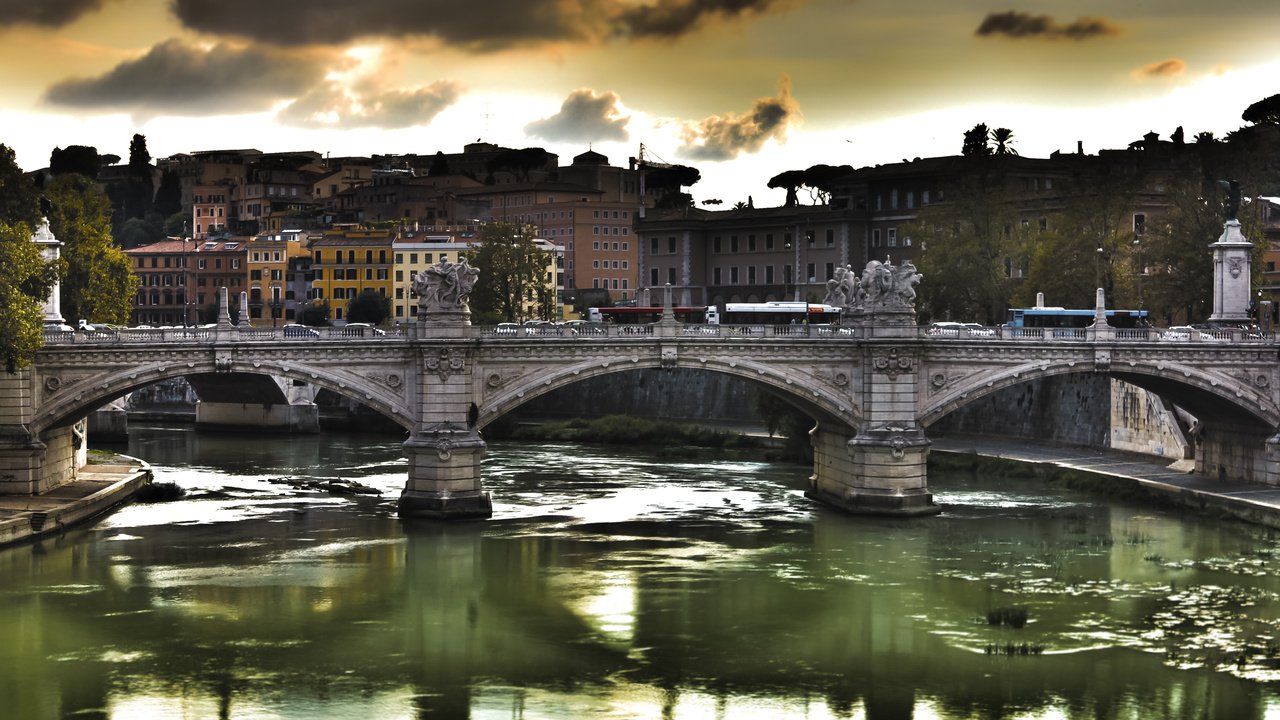 Обои небо, река, мост, город, рим, most rim, тибр, ponte vittorio emanuele ii, the sky, river, bridge, the city, rome, the tiber разрешение 2560x1600 Загрузить