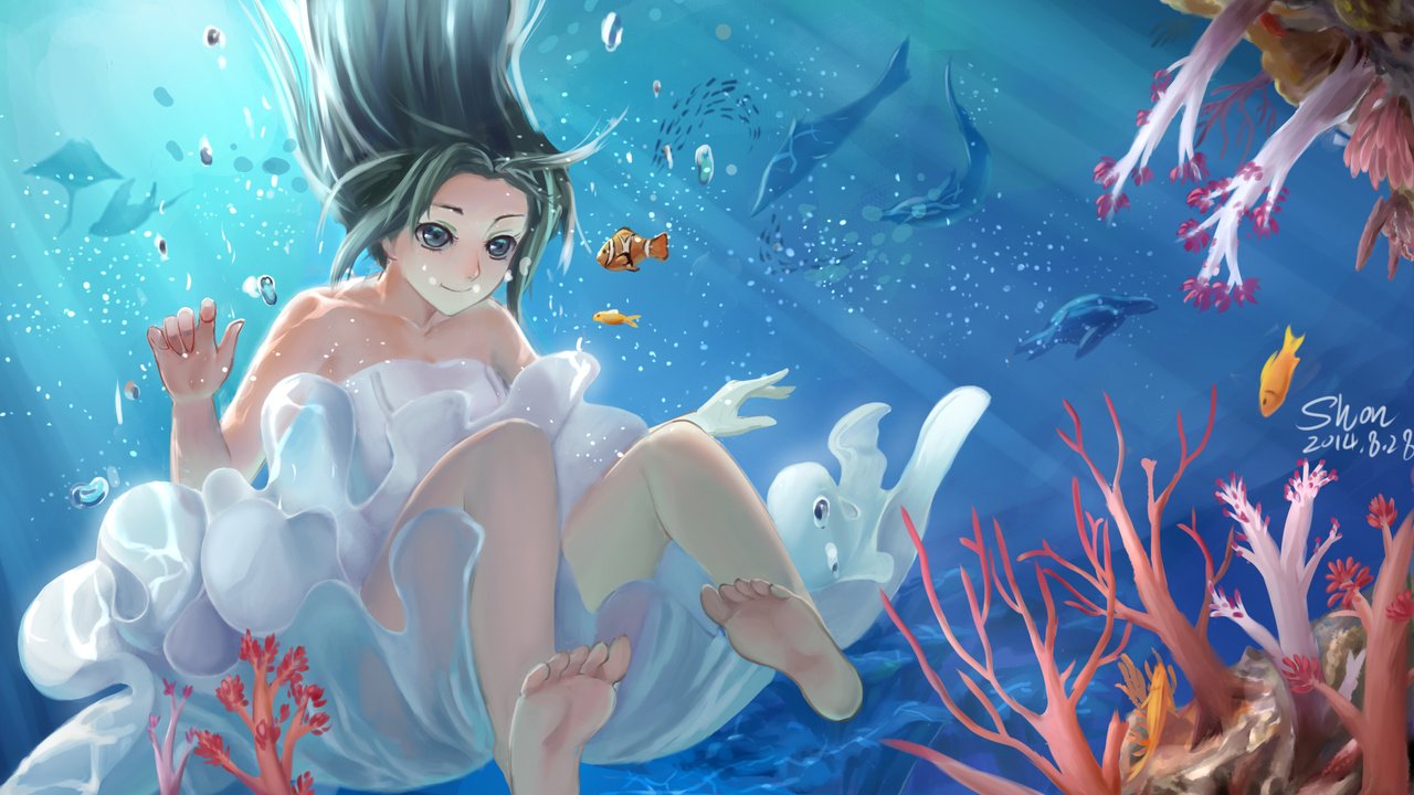 Обои арт, девушка, улыбка, рыбки, пузыри, аниме, под водой, shon, art, girl, smile, fish, bubbles, anime, under water разрешение 2340x1355 Загрузить