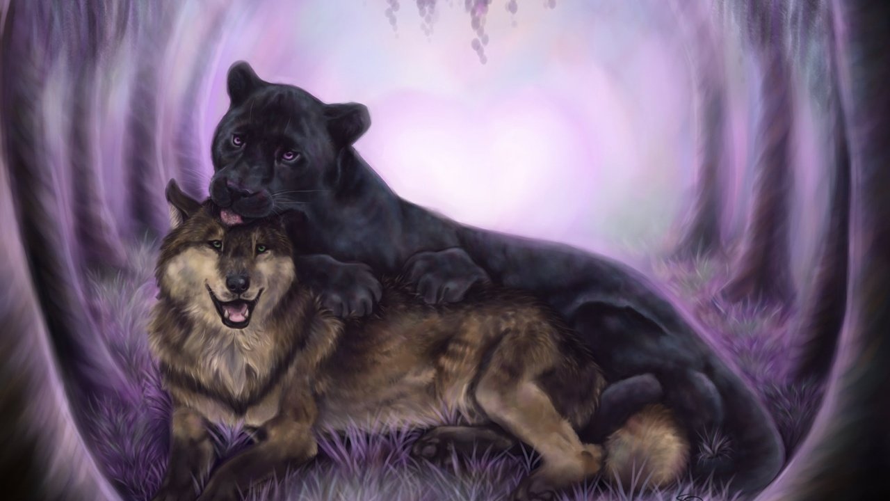 Обои арт, животные, пантера, черная, хищники, дружба, волк, art, animals, panther, black, predators, friendship, wolf разрешение 1998x1299 Загрузить